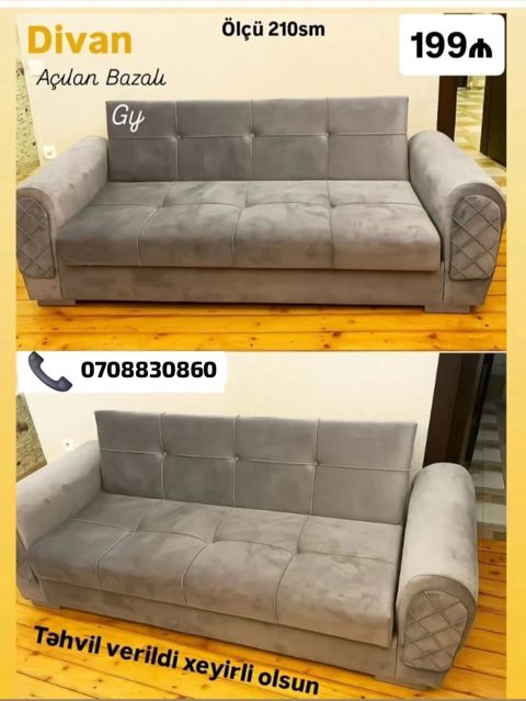 Divan – açılan, bazalı model - Ölçü: 210 sm - Rəng: boz (velur tipli — Sumqayıt