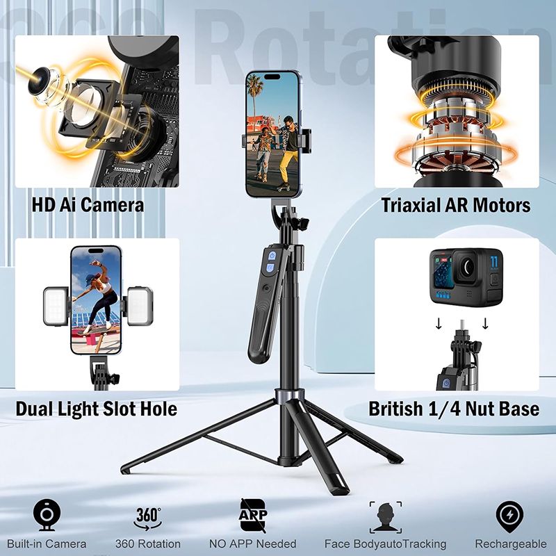 3-ü 1-də Alüminium Bluetooth Selfie Çubuğu, Simsiz Pult Avtomatik Üz İzləmə Tripod 360 Fırlanan Stend, Android və iPhone üçün Tripod — Telefonlar və qadjetlər, Bakı (5)
