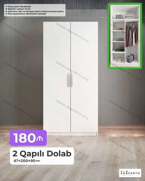 2 qapılı paltar dolabı - Ölçü: 47 200 90 sm - Material: 18 mm — Bakı