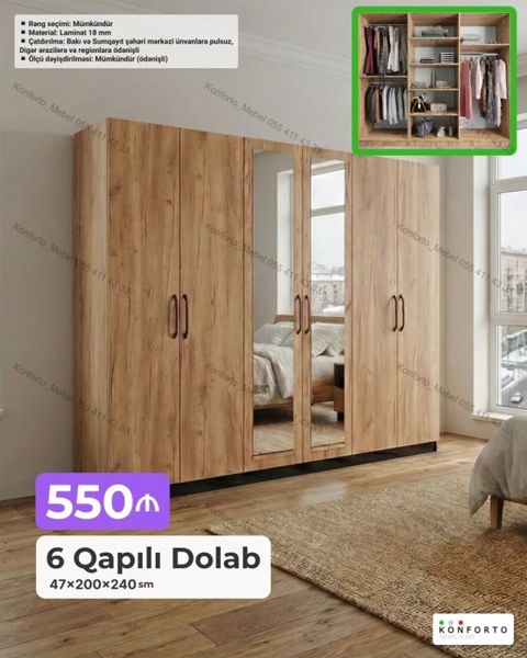 6 qapılı geyim dolabı Ölçü: 47 200 240 sm Material: 18 mm — Bakı