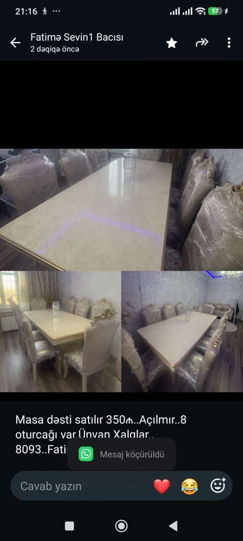 Masa dəsti satılır 350₼. Açılmır. 8 oturcağı var.Ünvan Xalqlar — Bakı