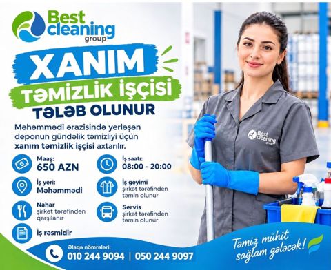 Xidmət: Anbarın gündəlik təmizliyi üçün xanım təmizlik işçisi - Yer — Bakı