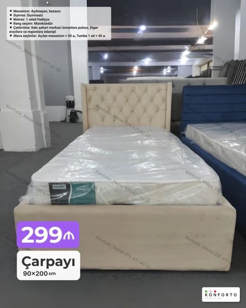 Çarpayı – 90×200 sm - Model: tək nəfərlik, yumşaq başlıqla kapitone — Bakı