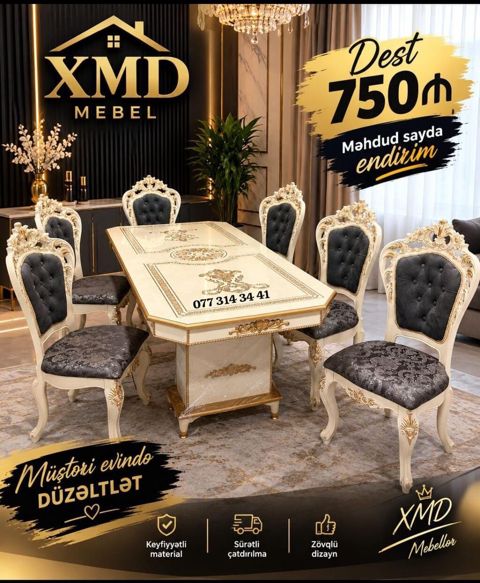 XMD Mebel – Klassik Yemək Dəsti - Dəst: 1 ədəd dikdörtqan masa + 6 — Bakı