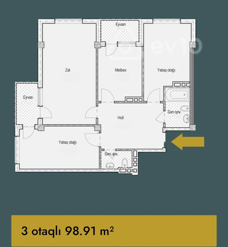 3 otaqlı mənzil, 99 m², Baki Səttar Bəhlulzadə kucəsi — Mənzil, Bakı (12)