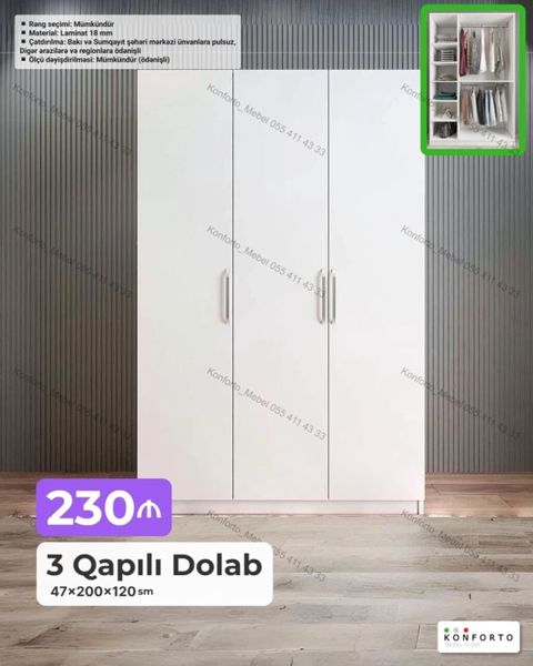 3 qapılı paltar dolabı – 47×200×120 sm - Material: 18 mm laminat — Bakı