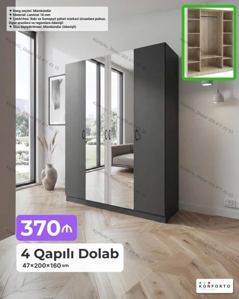 4 qapılı paltar dolabı – 47×200×160 sm Xüsusiyyətlər: - Material: 18 — Bakı