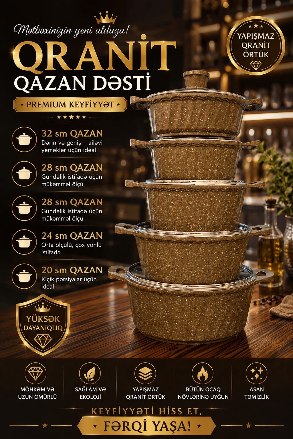 Qazan dəsti, qranit, 20/24/28/32 sm — Mallar, Bakı