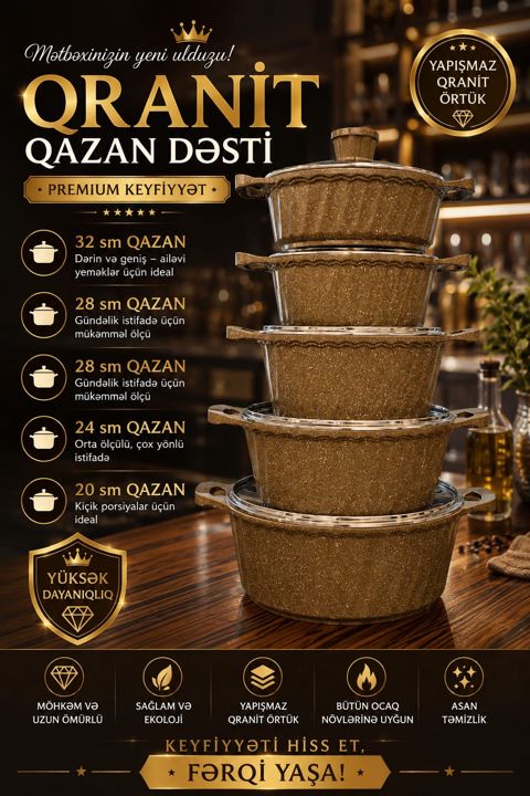 Qazan dəsti, qranit, 20/24/28/32 sm — Bakı