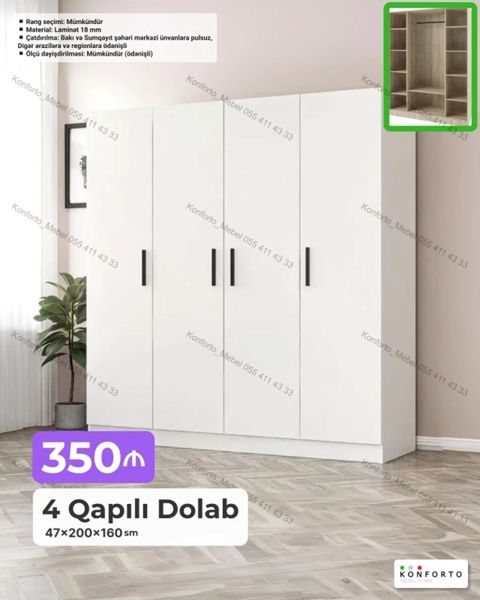 4 qapılı paltar dolabı – 47×200×160 sm - Material: 18 mm laminat — Bakı