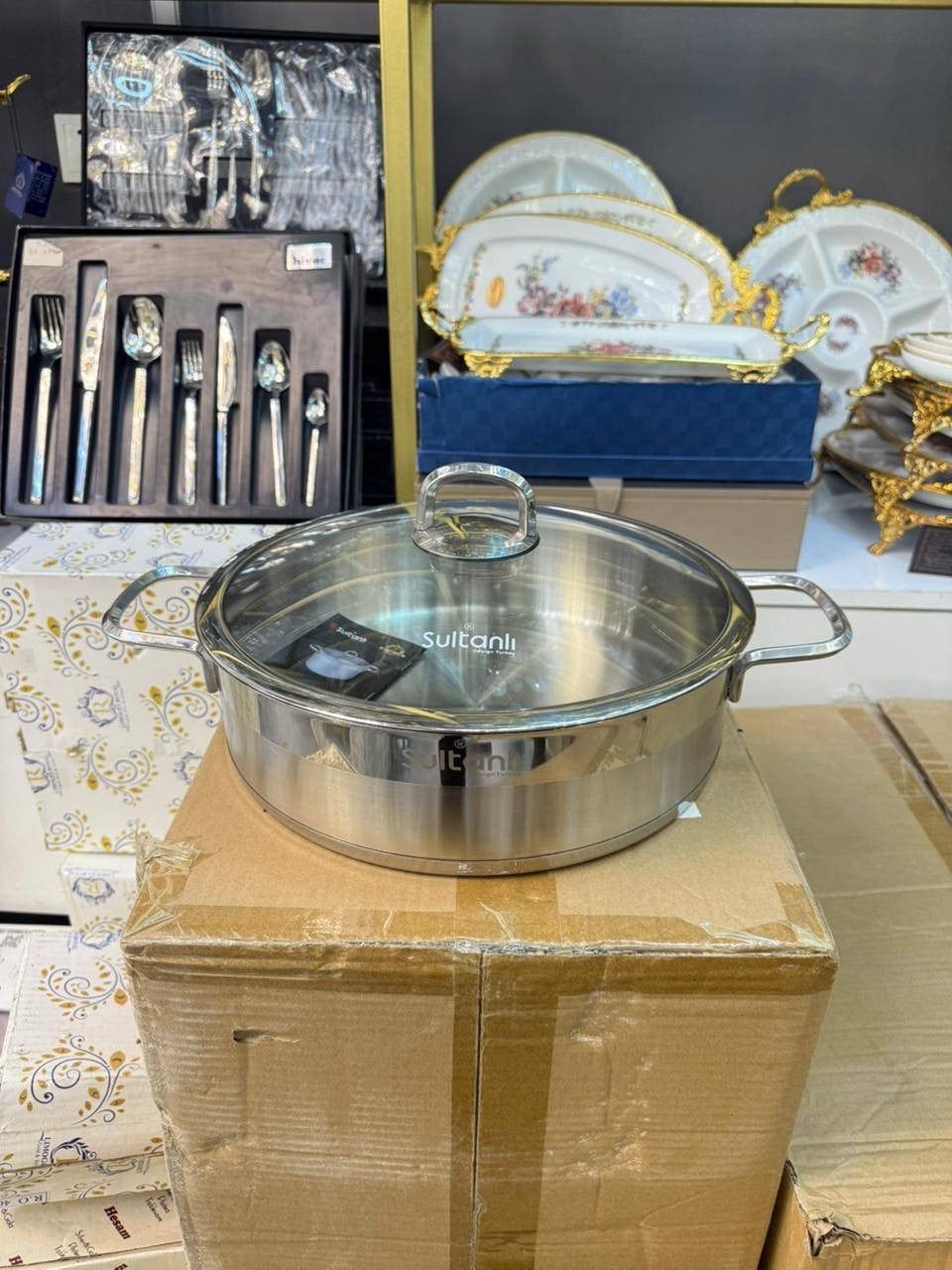 Qazan Sultanlı Karnıyarık, 7.0 l, 32 sm, paslanmayan polad, qapaqla, gümüşü - PP15 — Mallar, Bakı
