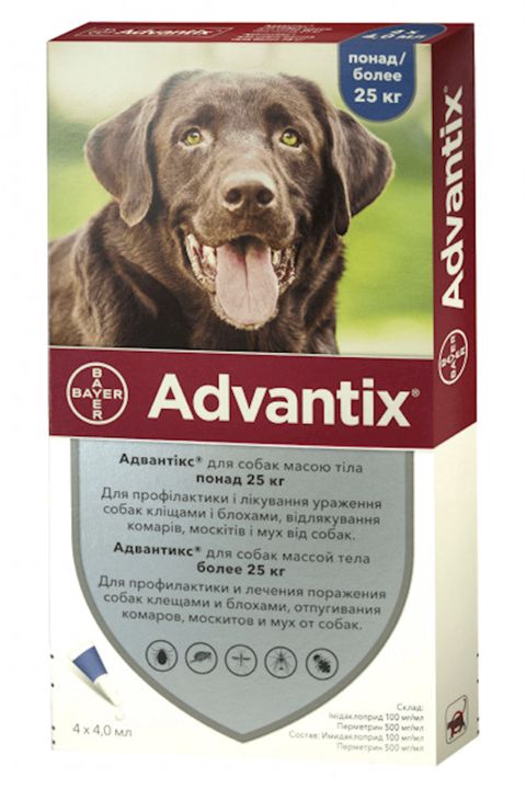 Damcı Bayer Advantix itlər üçün, 25 kq artıq, xarici parazitlərə qarşı, 1 tübik-pipet 4,0 ml, qiymət 1 ədəd üçündür — Bakı