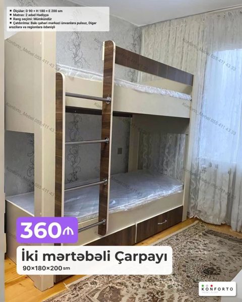 İki mərtəbəli çarpayı – 90×180×200 sm - Material: möhkəm — Bakı