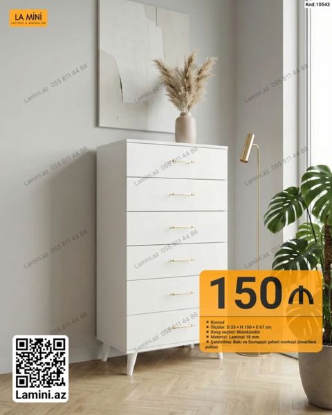 Məhsul: Komod Təsvir: - Minimalist dizaynlı, ağ rəngli 5 çekmecəli — Bakı