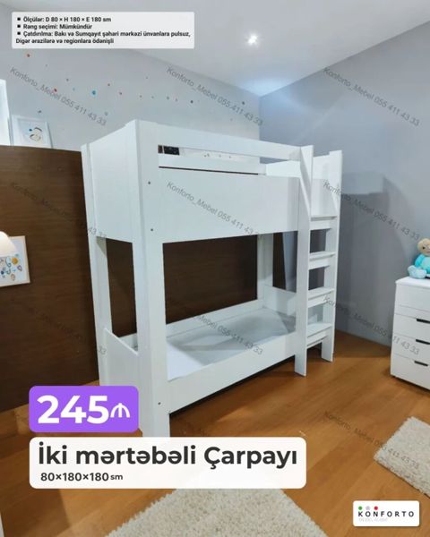 İki mərtəbəli çarpayı – 80×180×180 sm - Korpus: möhkəm konstruksiya — Bakı