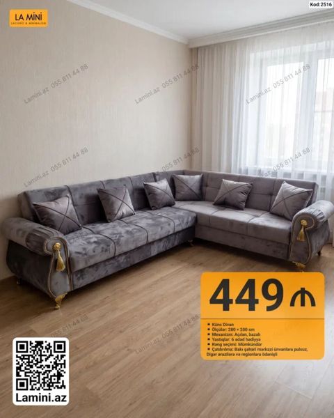Künc divan – Kod: 2516 - Ölçülər: 280 200 sm - Mexanizm: açılan — Bakı