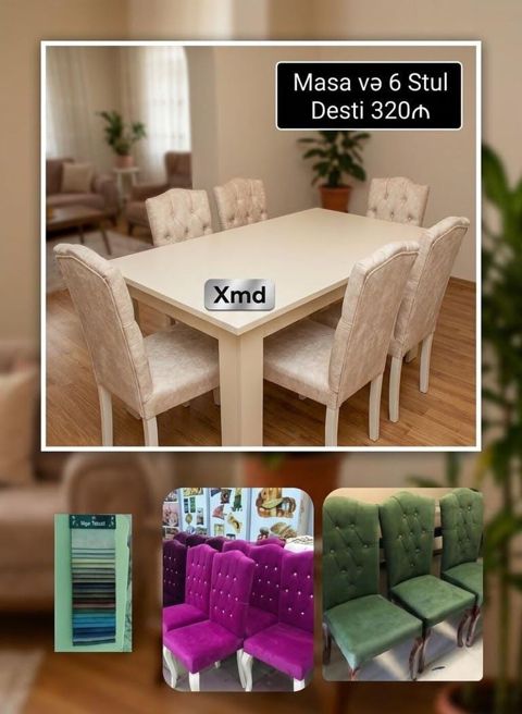 Masa və 6 stul dəsti - Dəst: 1 ədəd düzbucaqlı masa + 6 ədəd yumşaq — Bakı