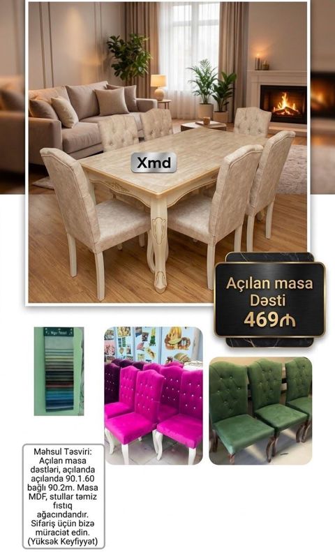 Açılan Masa Dəsti – 469 - Dəst: masa + 6 ədəd yumşaq oturacaqlı — Bakı