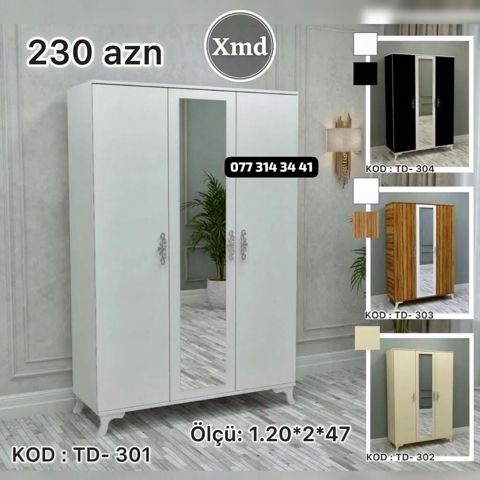 Üç qapılı paltar dolabı – güzgülü model - Model kodu: TD-301 (şəkildə — Bakı