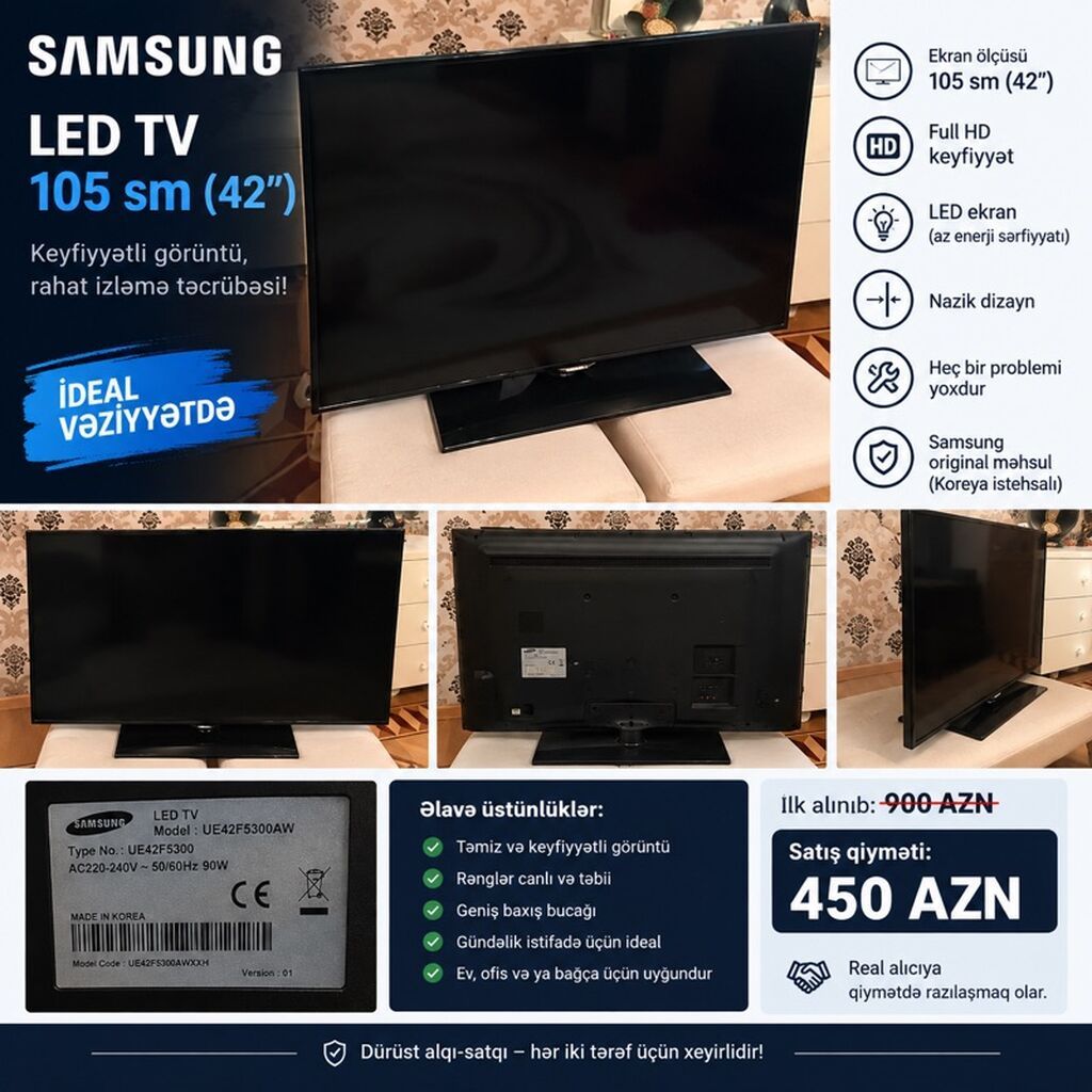 İşlənmiş Televizor Samsung LED ekran 43" FHD (1920x1080), Ödənişli çatdırılma — Televizorlar, Bakı
