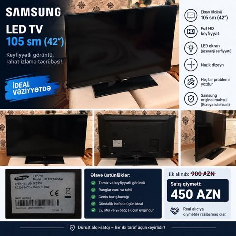 İşlənmiş Televizor Samsung LED ekran 43" FHD (1920x1080), Ödənişli çatdırılma — Bakı