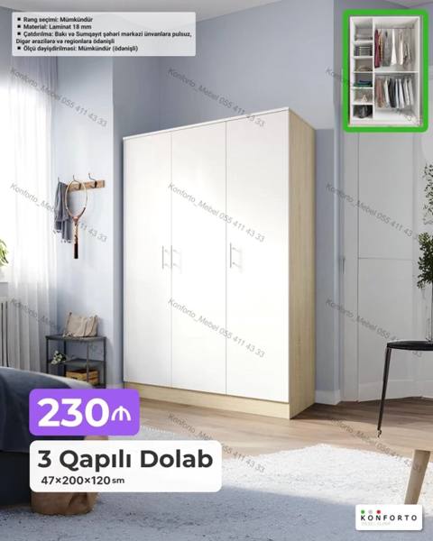 3 qapılı paltar dolabı Ölçü: 47 200 120 sm Material: 18 mm — Шкафтар