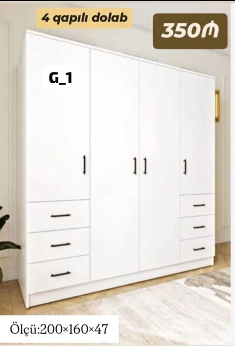 4 qapılı paltar dolabı - Rəng: ağ, minimalist dizayn - Qapılar: 4 — Sumqayıt