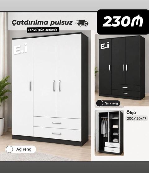 Məhsul: 3 qapılı geyim dolabı - Ölçü: 200 x 120 x 47 sm - Daxili — Digah