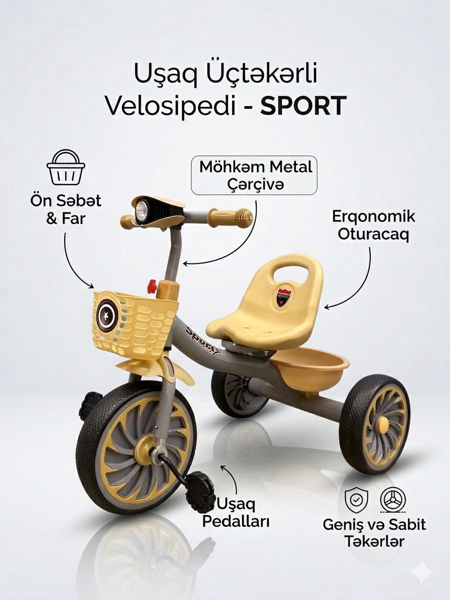 Uşaq üçtəkərli velosiped 531, 2-4 yaş, boz/sarı — Mallar, Bakı