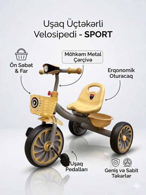 Uşaq üçtəkərli velosiped 531, 2-4 yaş, boz/sarı — Bakı