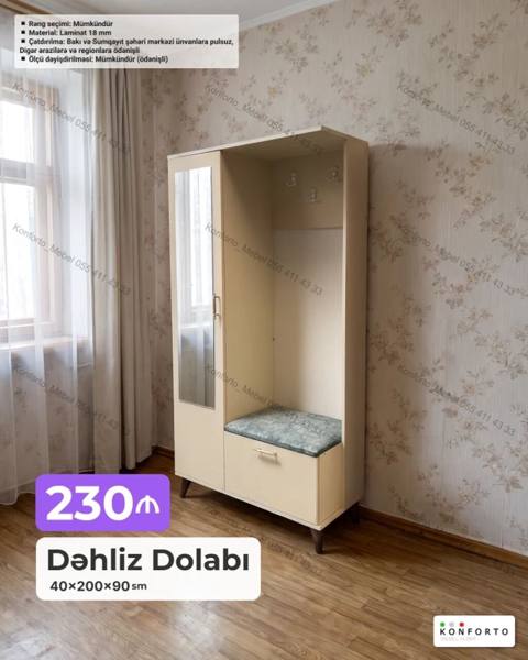 Dəhliz dolabı – 40×200×90 sm - Funksional dizayn: Asılqanlı açıq — Konforto Mebel — Кіреберіске