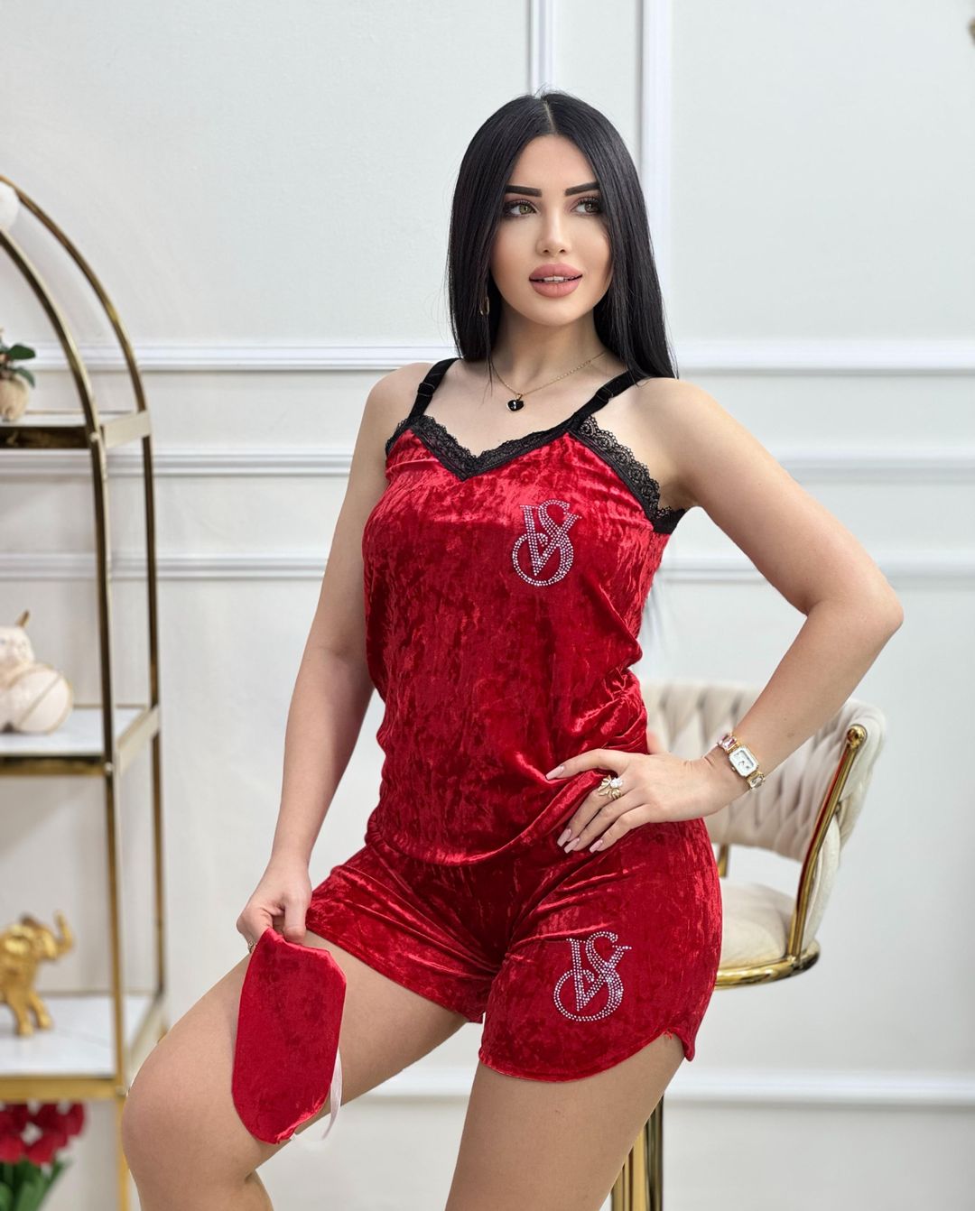 Qadınlar üçün şortlu pijama dəsti 001717, qırmızı, atlas, ölçü XL — Mallar, Bakı (2)