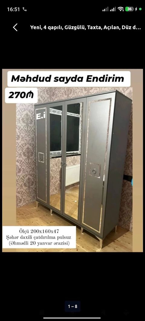 Yeni, 4 qapılı, Güzgülü, Boz, Taxta, Açılan, Düz dolab — Digah