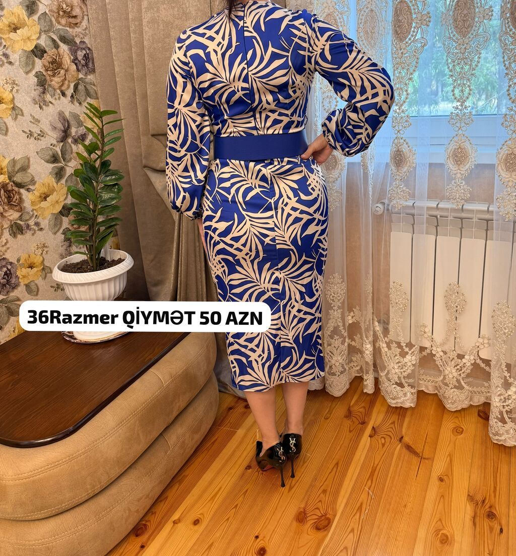 Mavi rəngdə, bej naxışlı, dizə qədər midi don. Krujeva olmayan — Gündəlik paltarlar, Sumqayıt (2)