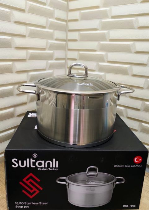 Qazan Sultanlı, 28x16 sm, 9.7 l, Türkiyə istehsalı, paslanmaz polad, qapağı şüşə, tutacaqları gümüşü - ZTW-ABRSR1006G — Bakı