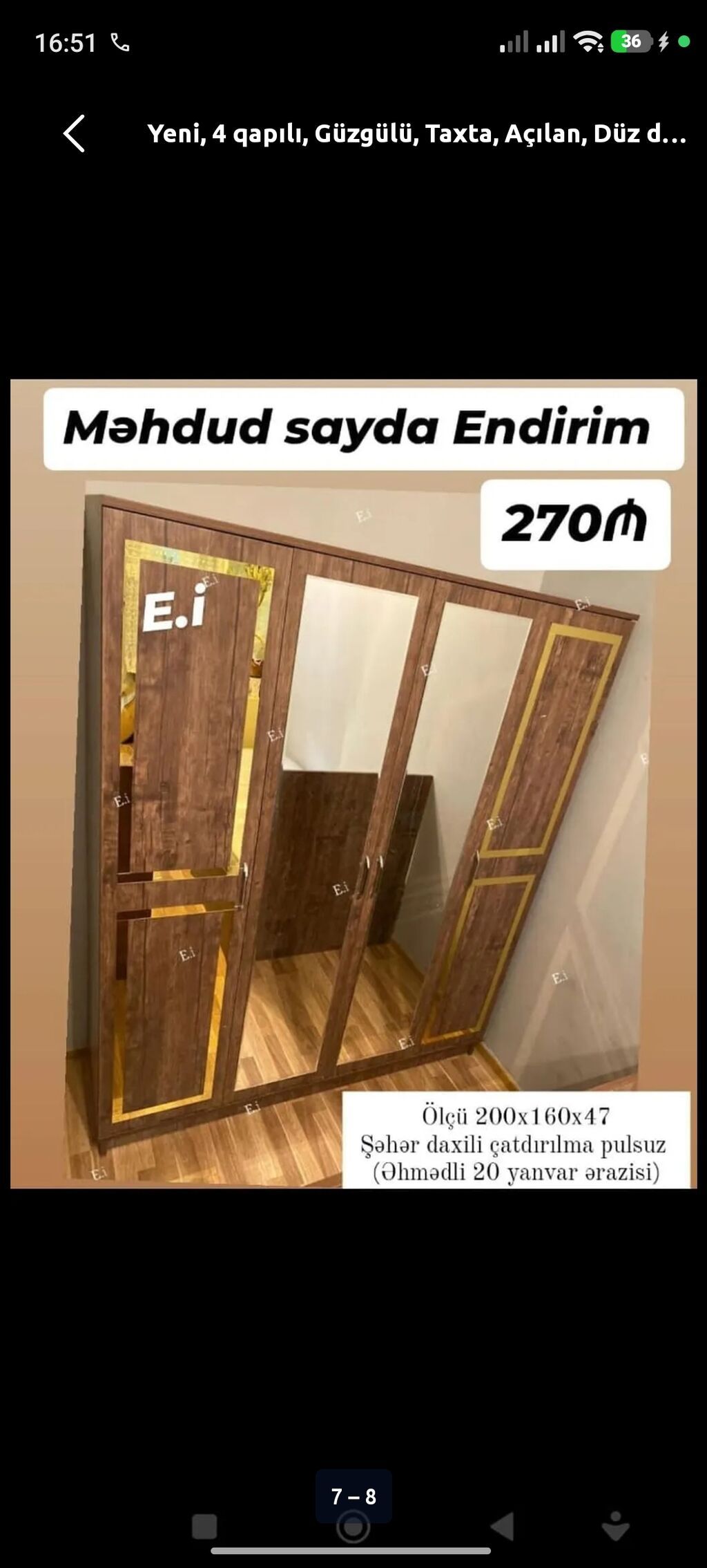 Yeni, 4 qapılı, Güzgülü, Qəhvəyi, Taxta, Açılan, Düz dolab — Şkaflar, Digah