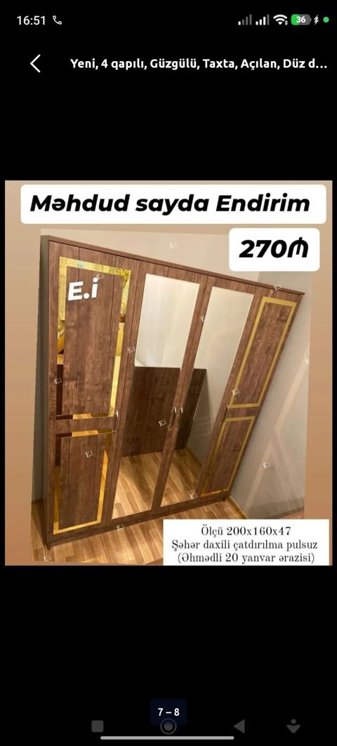 Yeni, 4 qapılı, Güzgülü, Qəhvəyi, Taxta, Açılan, Düz dolab — Digah