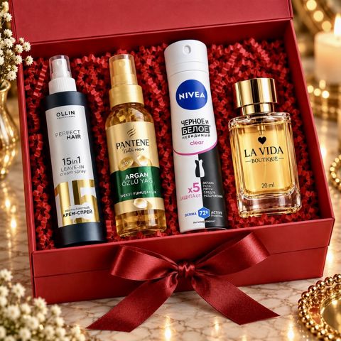 Kosmetik hədiyyə dəsti (dezodorant + ətir suyu + saç üçün yağ + saç üçün baxım spreyi) — Bakı