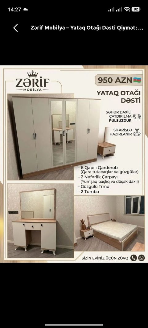 Zərif Mobilya – Yataq Otağı Dəsti Qiymət: 950 AZN Komplektə — Digah