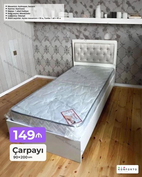 Məhsul: Tək nəfərlik çarpayı + hədiyyə matras Ölçü: 90×200 sm Rəng — Bakı