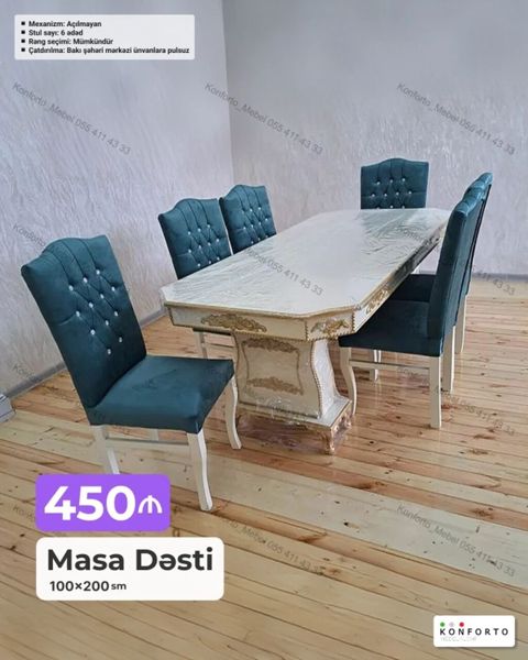 Məhsul: Masa Dəsti Ölçü: 100×200 sm Komplekt: 1 ədəd masa + 6 ədəd — Bakı