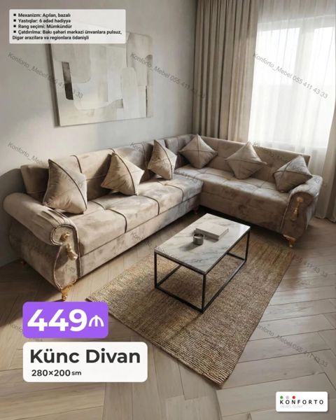 Künc Divan – 280×200 sm - Mexanizm: açılandır, bazalıdır (yataq — Bakı