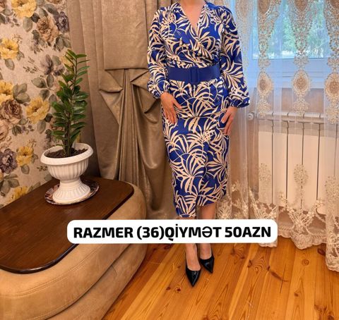 Mavi rəngdə, bej naxışlı, dizə qədər midi don. Krujeva olmayan — Sumqayıt