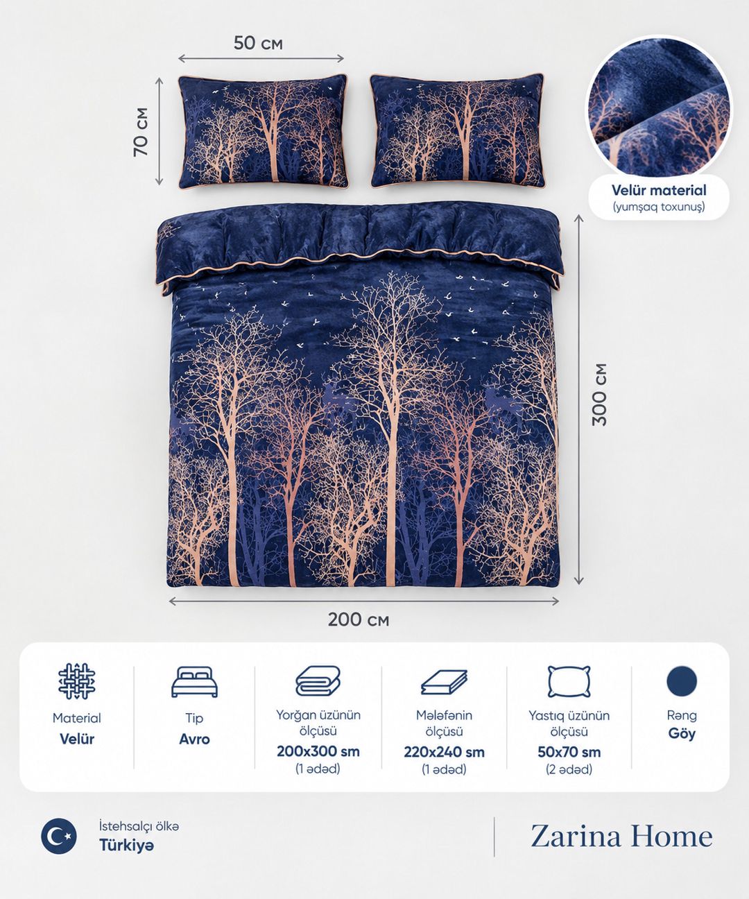 Yataq dəsti Zarina Home SHA-00001972, yorğan üzü 200x300 sm, mələfə 220x240 sm, yastıq üzü 50x70 sm, avro, velür, göy — Mallar, Bakı (2)