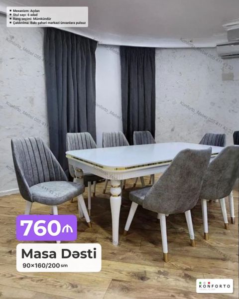 Masa dəsti – 6 stulludur - Masa ölçüsü: 90×160/200 sm (açılan — Bakı