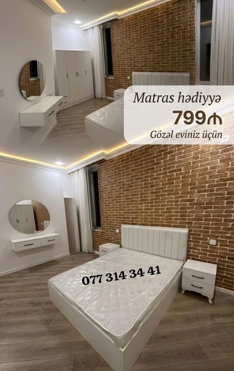 Yataq otağı dəsti - Ağ rəngdə müasir dizayn - Yumşaq başlıqlı iki — Bakı