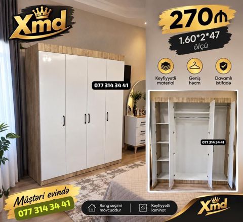 Dörd qapılı paltar dolabı – Xmd Ölçü: 1.60 2 0.47 m Material — Bakı