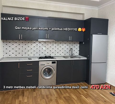 3 metrlik mətbəx mebeli. Dəst alt və üst şkaflardan ibarətdir, geniş — Sumqayıt