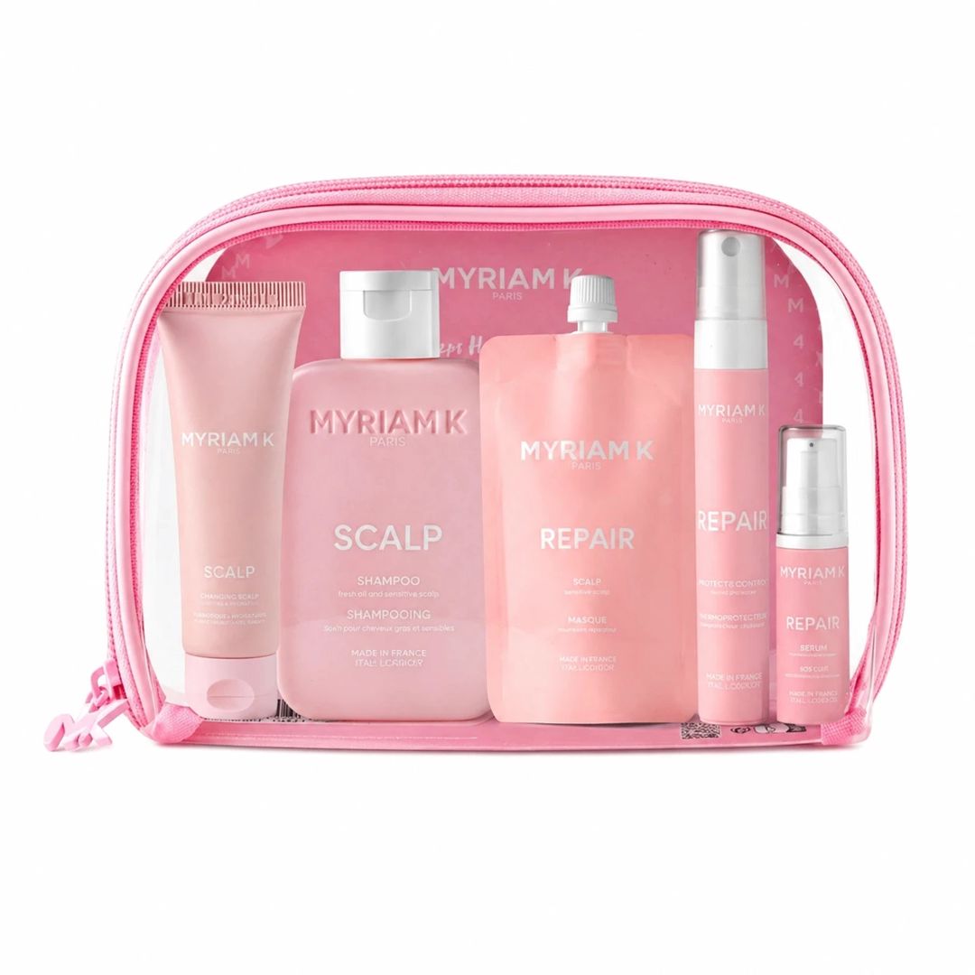 Saç üçün kosmetika dəsti Myriam K Travel/Discovery Pouch 5-Step Ritual (baş dərisi üçün skrab 30 ml + şampun 70 ml + saç maskası 40 ml + termo-müdafiə spreyi 15 ml + saç üçün zərdab 5 ml) — Mallar, Bakı