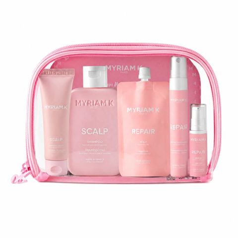 Saç üçün kosmetika dəsti Myriam K Travel/Discovery Pouch 5-Step Ritual (baş dərisi üçün skrab 30 ml + şampun 70 ml + saç maskası 40 ml + termo-müdafiə spreyi 15 ml + saç üçün zərdab 5 ml) — Bakı
